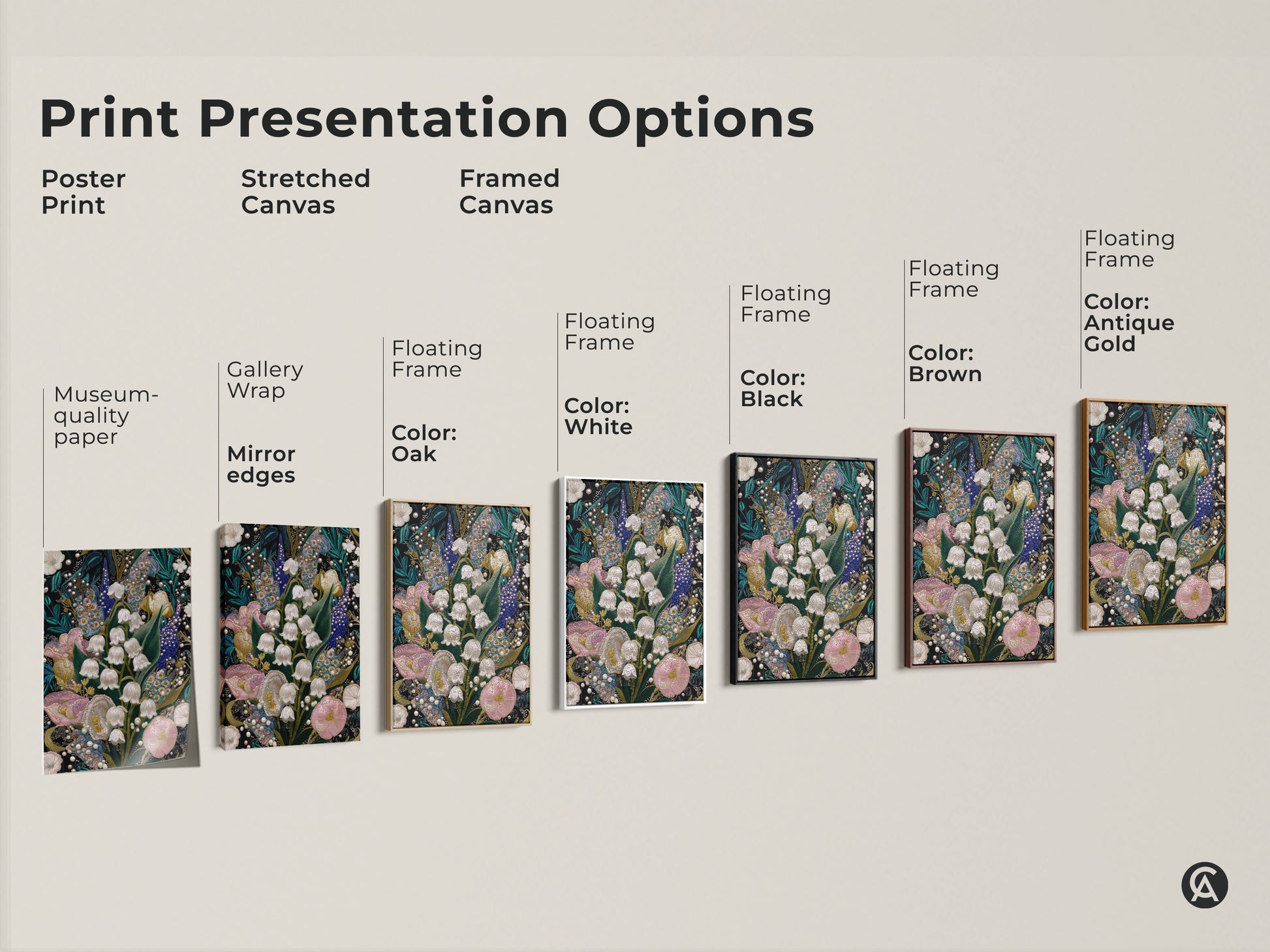Print presentation options for Lily of the Valley & Tulip Embroidery Art. Choose from poster print stretched canvas and framed canvas. Available with various floating frame colors like oak white black brown and antique gold.