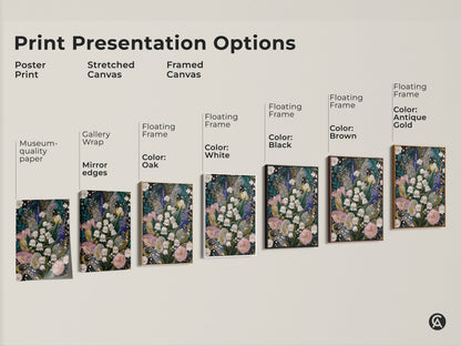 Print presentation options for Lily of the Valley & Tulip Embroidery Art. Choose from poster print stretched canvas and framed canvas. Available with various floating frame colors like oak white black brown and antique gold.