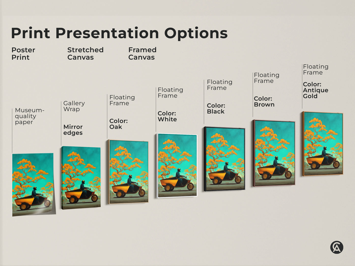 Explore print options for surreal trike and bonsai art. Choose poster stretched or framed canvas in various colors. This fantasy nature artwork brings eclectic style to any space. A unique adventure gift.