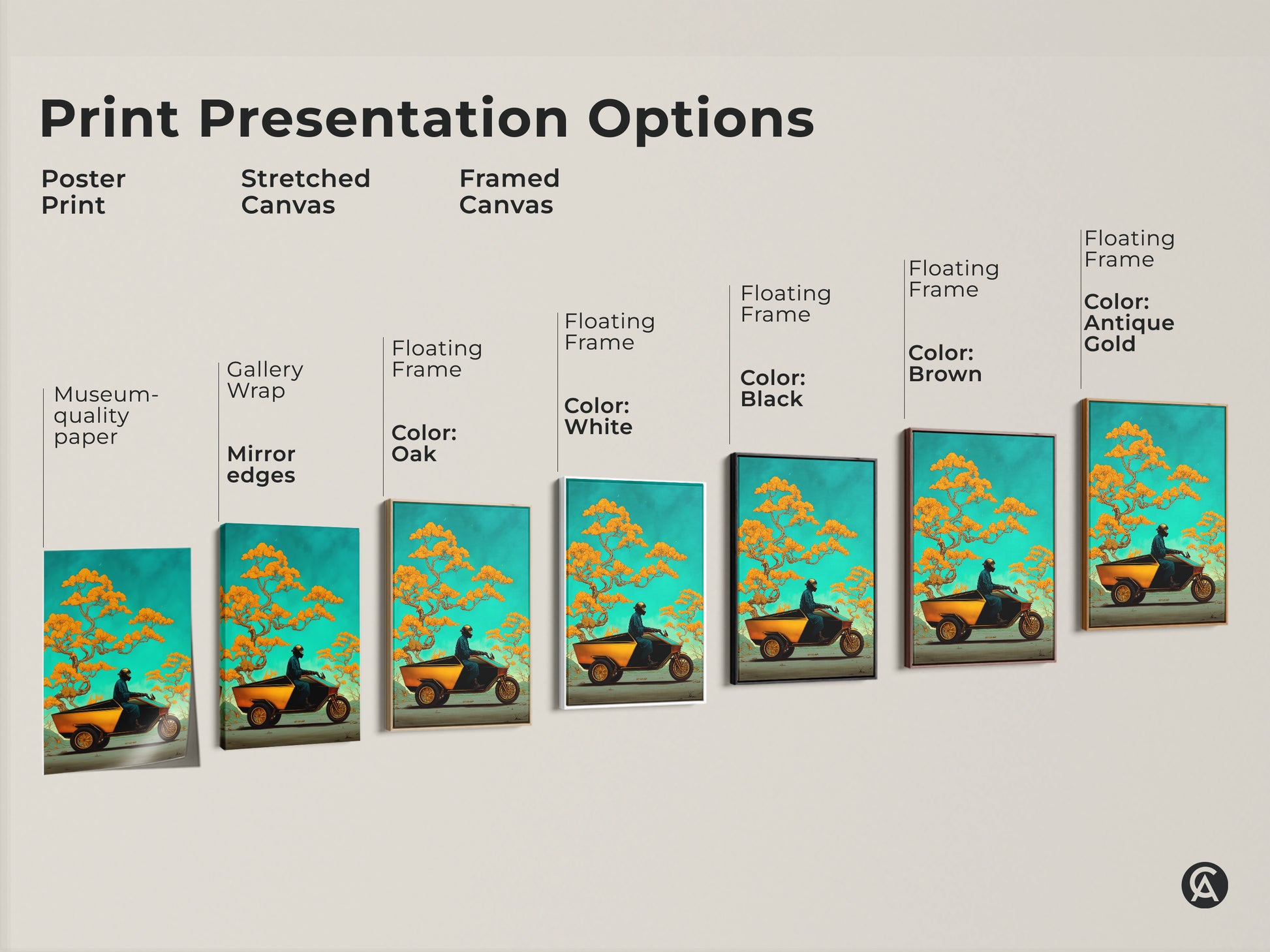 Explore print options for surreal trike and bonsai art. Choose poster stretched or framed canvas in various colors. This fantasy nature artwork brings eclectic style to any space. A unique adventure gift.