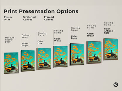 Explore print options for surreal trike and bonsai art. Choose poster stretched or framed canvas in various colors. This fantasy nature artwork brings eclectic style to any space. A unique adventure gift.