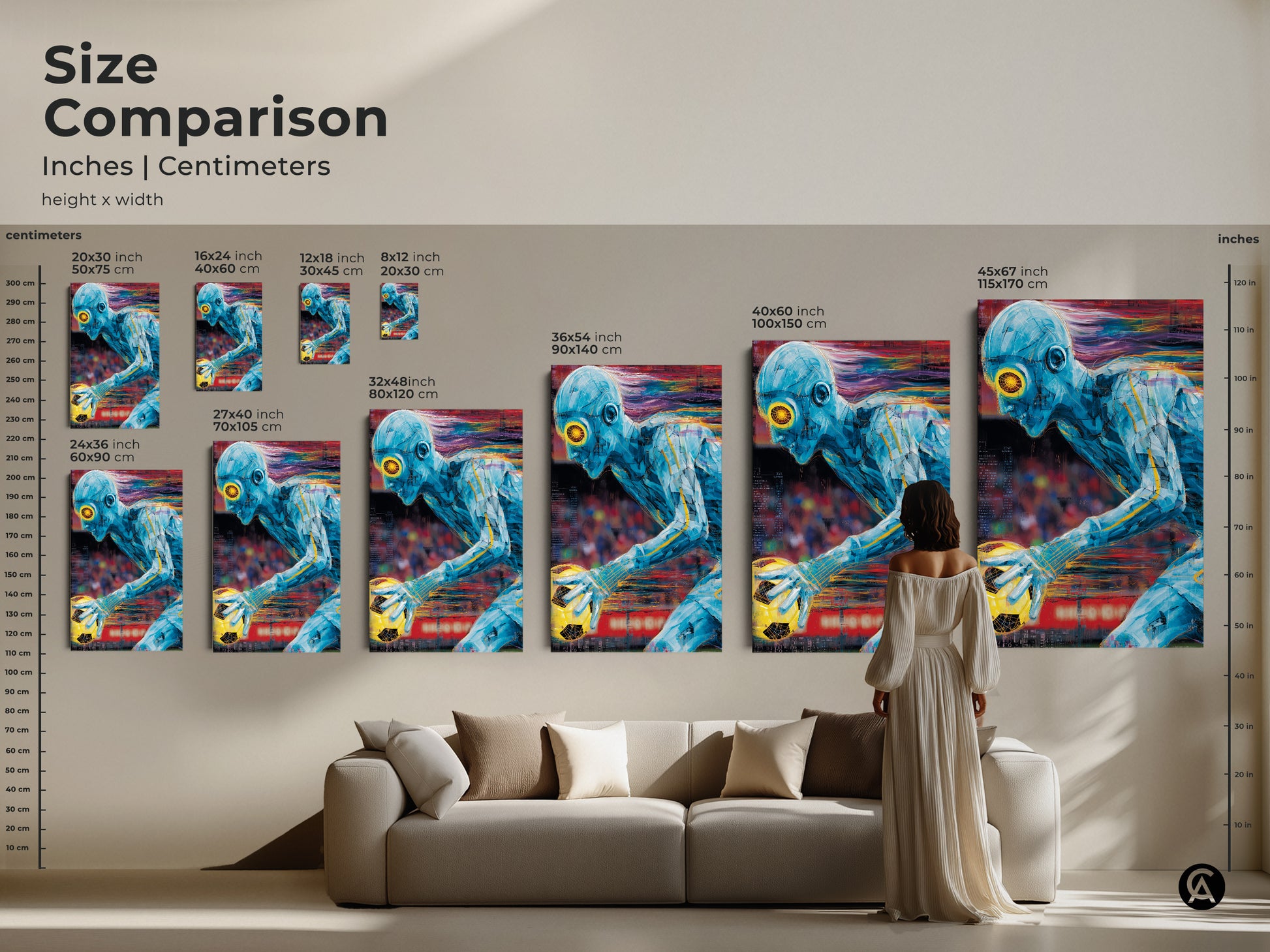 Size comparison of abstract soccer player art prints in inches and centimeters. See how the modern sports artwork transforms a living room. This blue and yellow soccer art is perfect contemporary wall art. A great soccer gift for fans