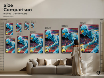 Size comparison of abstract soccer player art prints in inches and centimeters. See how the modern sports artwork transforms a living room. This blue and yellow soccer art is perfect contemporary wall art. A great soccer gift for fans