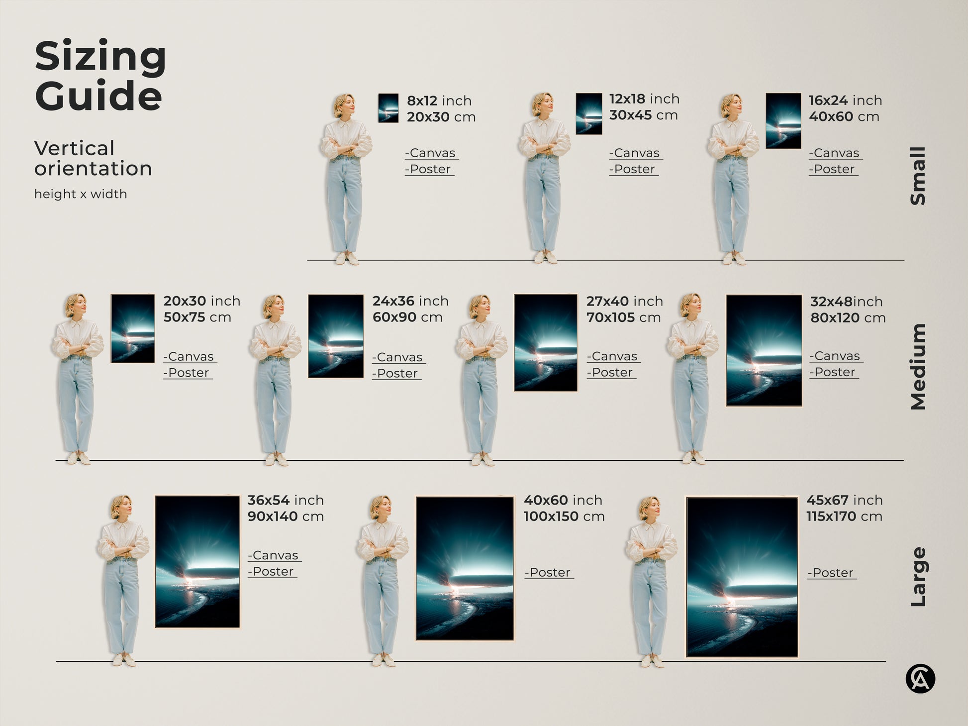 Sizing guide for vertical deep blue coastal cityscape artwork. Available as canvas or poster prints in sizes from 8x12 to 45x67 inches. Find the perfect fit for your space. A unique housewarming or travel enthusiasts gift.