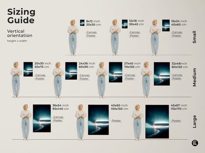 Sizing guide for vertical deep blue coastal cityscape artwork. Available as canvas or poster prints in sizes from 8x12 to 45x67 inches. Find the perfect fit for your space. A unique housewarming or travel enthusiasts gift.
