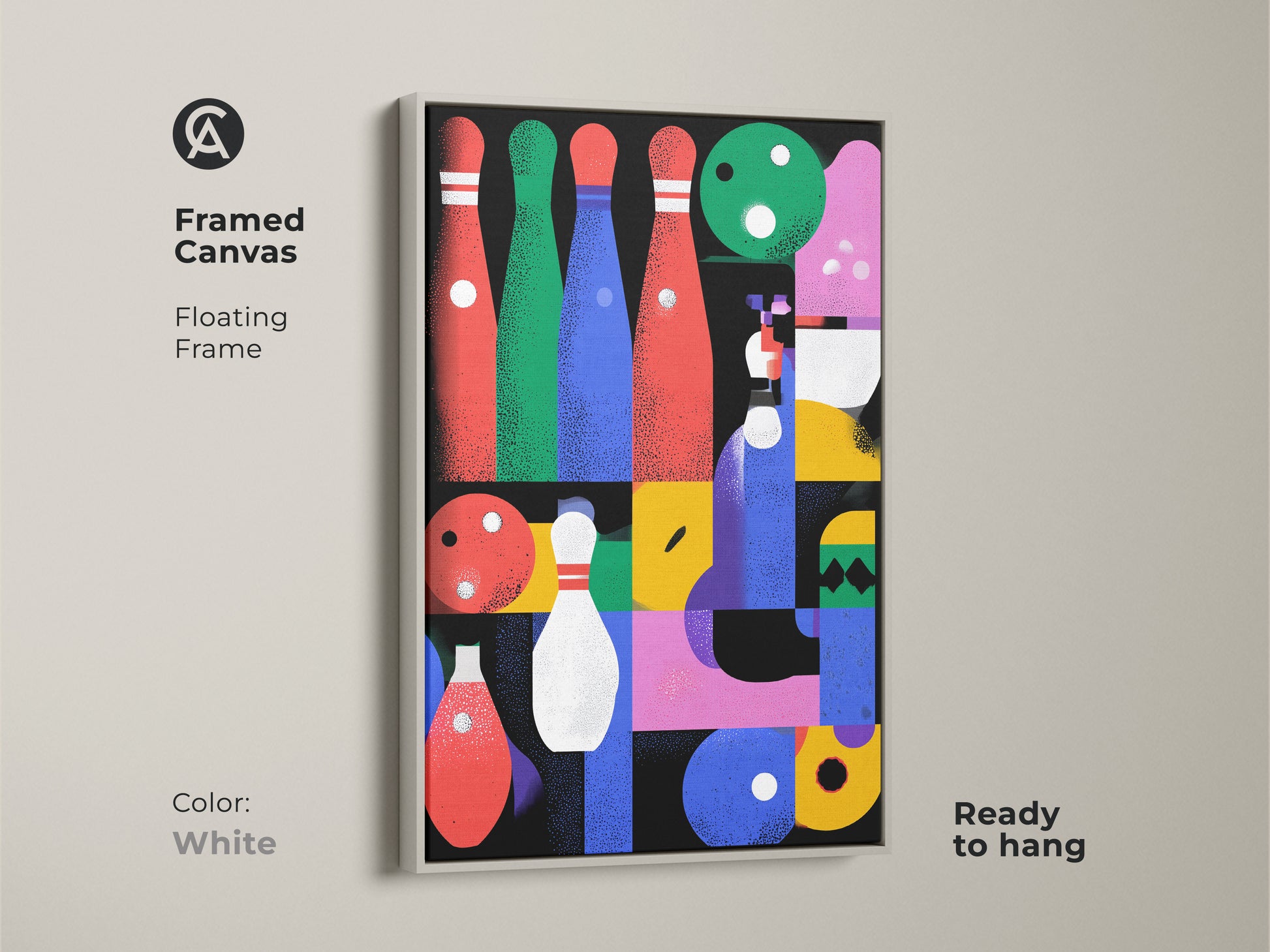 Framed canvas of abstract geometric bowling artwork with a white floating frame. This mid-century modern art print is perfect for game room wall decor or as a gift for sports lovers. The red blue and pink abstract shapes add a modern eclectic touch. Ready to hang this canvas enhances any residential wall.