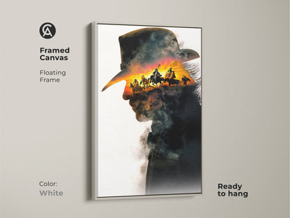 White framed canvas art featuring a striking cowboy double exposure. The art piece merges a cowboy silhouette with a sunset horseback riding scene. This adventurous wall art adds a touch of wild west to any home. It is a fantastic addition to rustic western or masculine-themed decor.