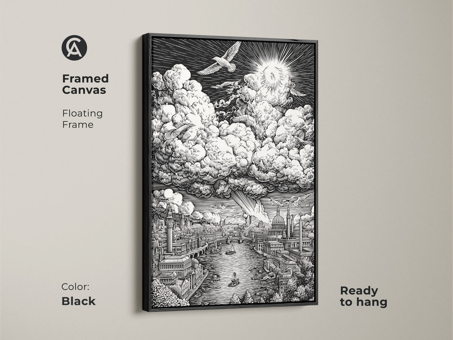 Framed canvas artwork depicting a detailed London cityscape. The Thames River flows under intricate buildings. Clouds and a sunburst dominate the sky. This black framed canvas is ready to hang. Add sophisticated art to your decor.