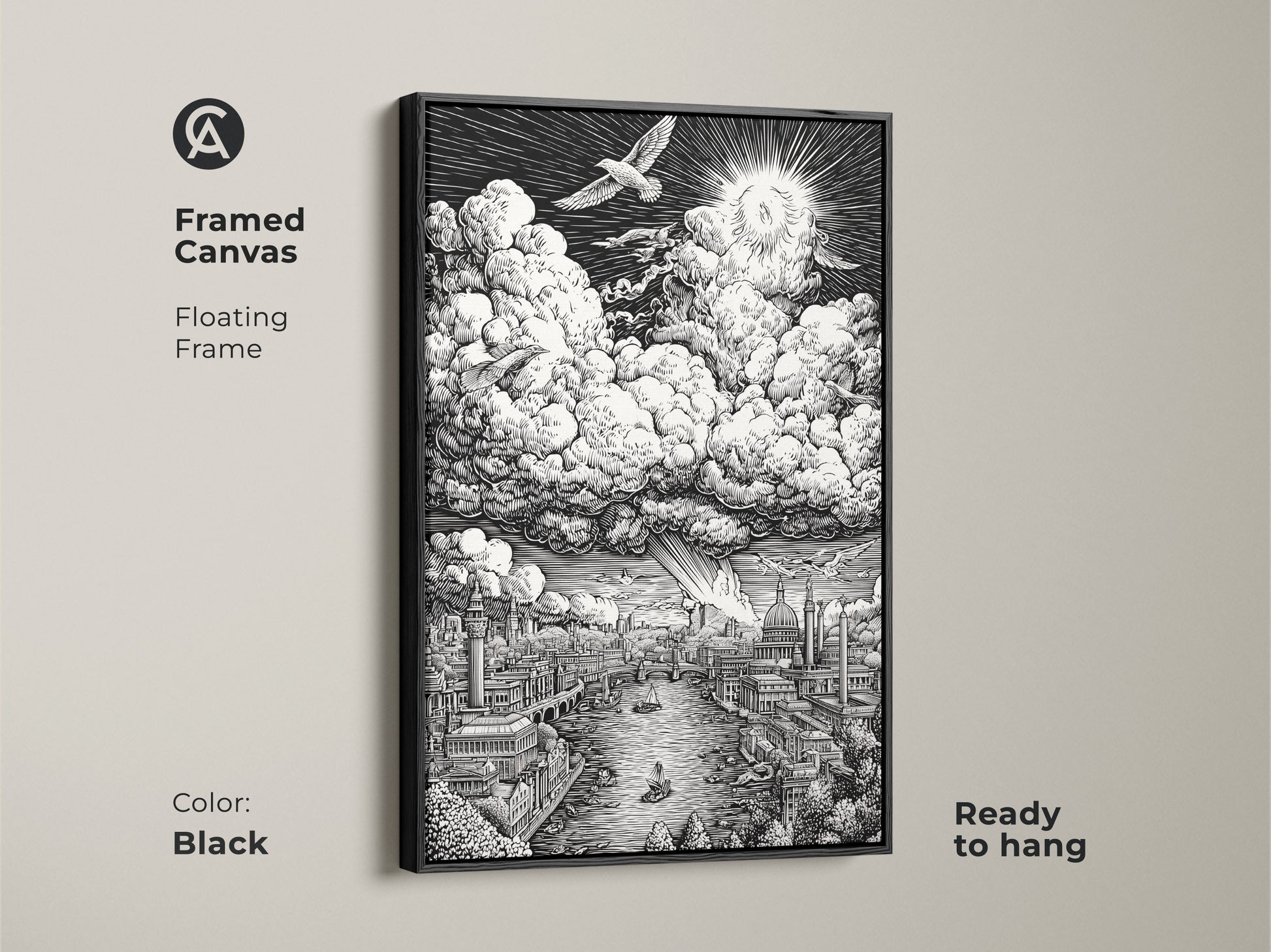 Framed canvas artwork depicting a detailed London cityscape. The Thames River flows under intricate buildings. Clouds and a sunburst dominate the sky. This black framed canvas is ready to hang. Add sophisticated art to your decor.