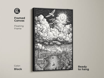Framed canvas artwork depicting a detailed London cityscape. The Thames River flows under intricate buildings. Clouds and a sunburst dominate the sky. This black framed canvas is ready to hang. Add sophisticated art to your decor.