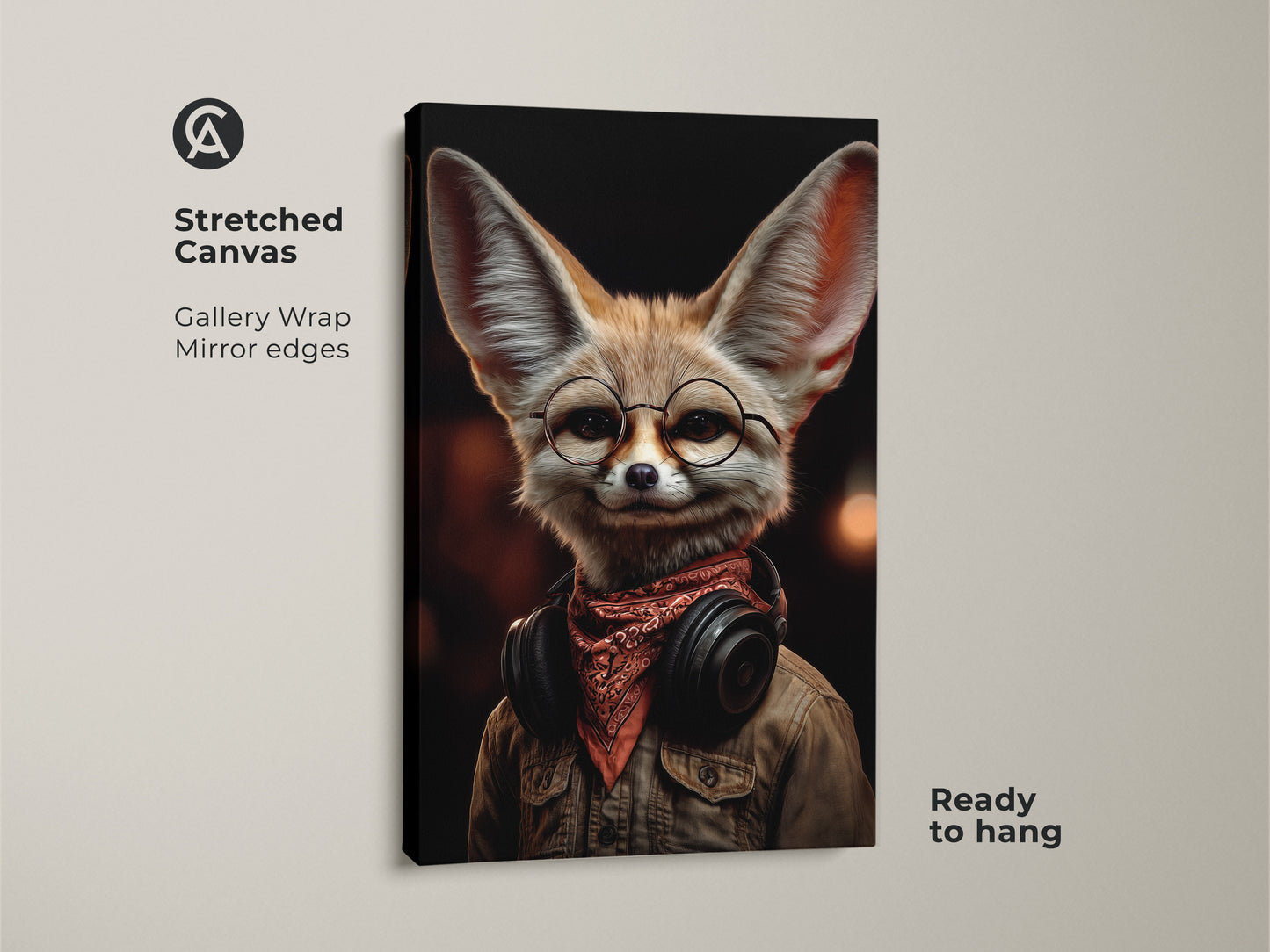 Stretched canvas art featuring a headphone-wearing Fennec Fox. The gallery-wrapped canvas has mirrored edges.  This retro music lover artwork is ready to hang. The tan orange brown art is perfect for eclectic spaces.