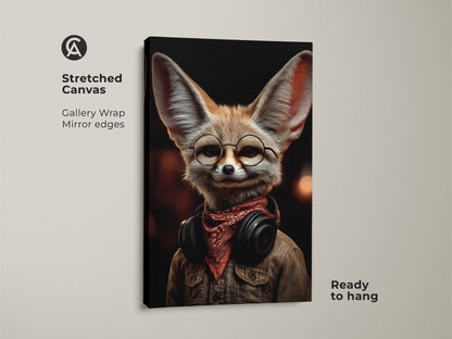 Stretched canvas art featuring a headphone-wearing Fennec Fox. The gallery-wrapped canvas has mirrored edges.  This retro music lover artwork is ready to hang. The tan orange brown art is perfect for eclectic spaces.