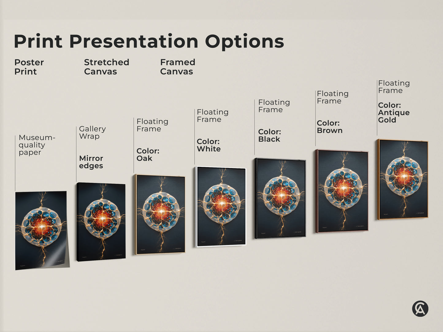 Print presentation options showcased including museum-quality posters and stretched canvas. Framed canvas options in oak black white brown and antique gold. Each features abstract cosmic artwork. Generative galaxy designs are in blue gold and orange colors. Find the perfect style for your office wall decor or science fiction gift.