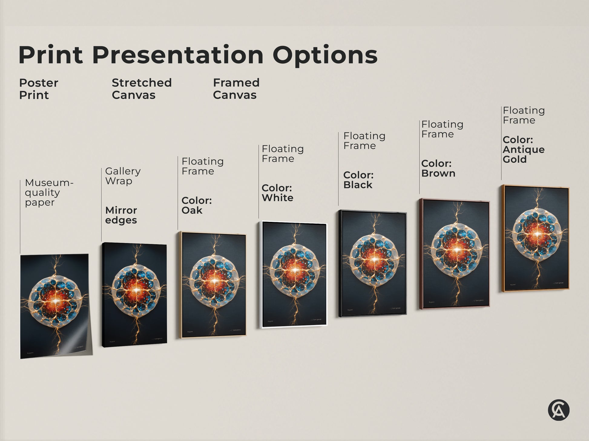 Print presentation options showcased including museum-quality posters and stretched canvas. Framed canvas options in oak black white brown and antique gold. Each features abstract cosmic artwork. Generative galaxy designs are in blue gold and orange colors. Find the perfect style for your office wall decor or science fiction gift.