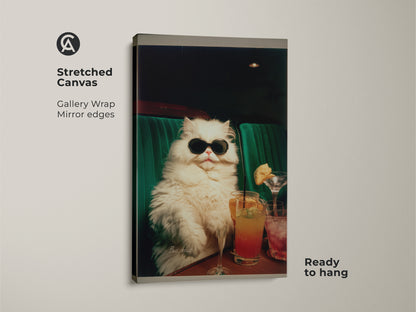 Stretched canvas art print of a white cat wearing sunglasses. The cat is sitting in a green booth with cocktails. Gallery wrapped with mirrored edges this canvas art is ready to hang. A fun artwork choice.