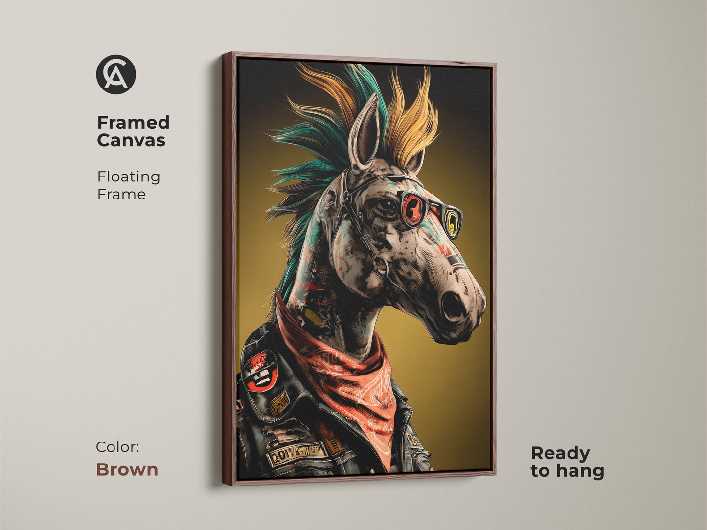 The Neo-Punk Horse is framed in brown. Its a surreal animal canvas with a rocker horse. This eclectic home decor is ready to hang. Its a unique punk rock fan gift for man cave wall art or cool office artwork with teal orange and yellow colors.