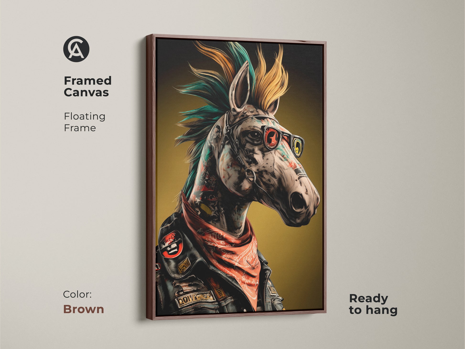 The Neo-Punk Horse is framed in brown. Its a surreal animal canvas with a rocker horse. This eclectic home decor is ready to hang. Its a unique punk rock fan gift for man cave wall art or cool office artwork with teal orange and yellow colors.