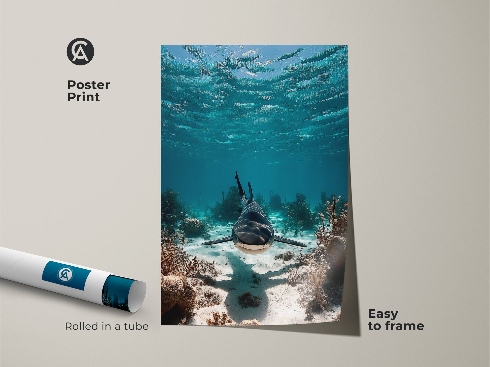 Poster print of a realistic shark swimming underwater. This coastal art brings the beauty of the ocean to your walls. Rolled in a tube and easy to frame. The blue teal coral reef canvas is perfect for beach house decor and tropical fish art lovers.