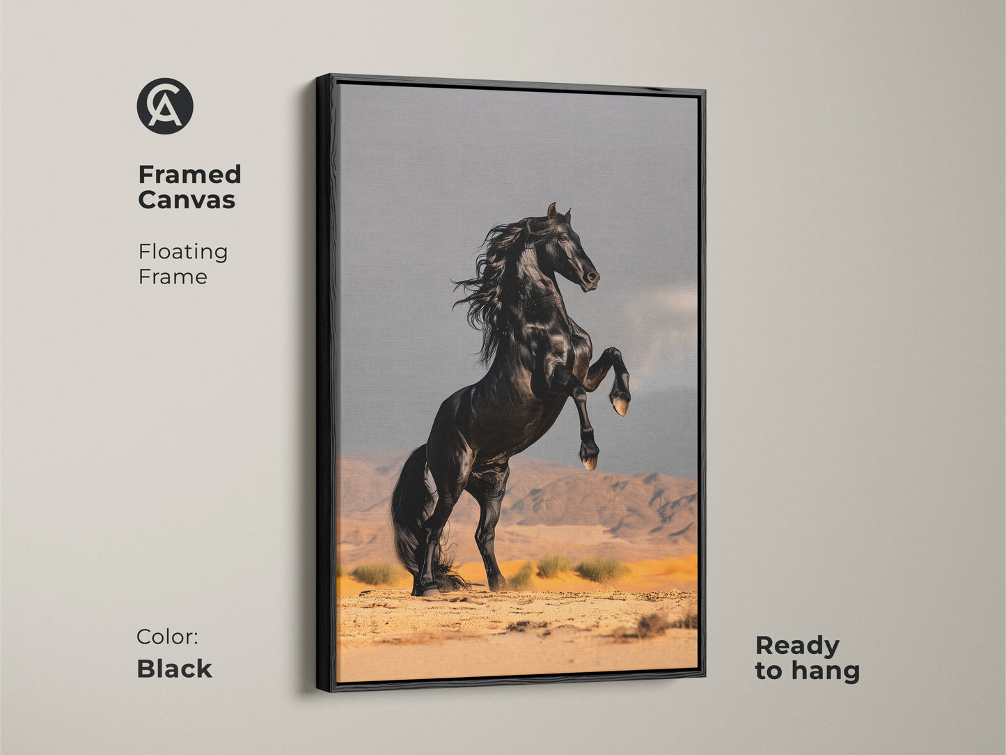 Framed canvas of a black stallion rearing in a desert. Floating frame in black color adds a modern touch. Ready to hang and embodies power. A standout piece for home decor or a thoughtful gift for equestrian theme enthusiasts.