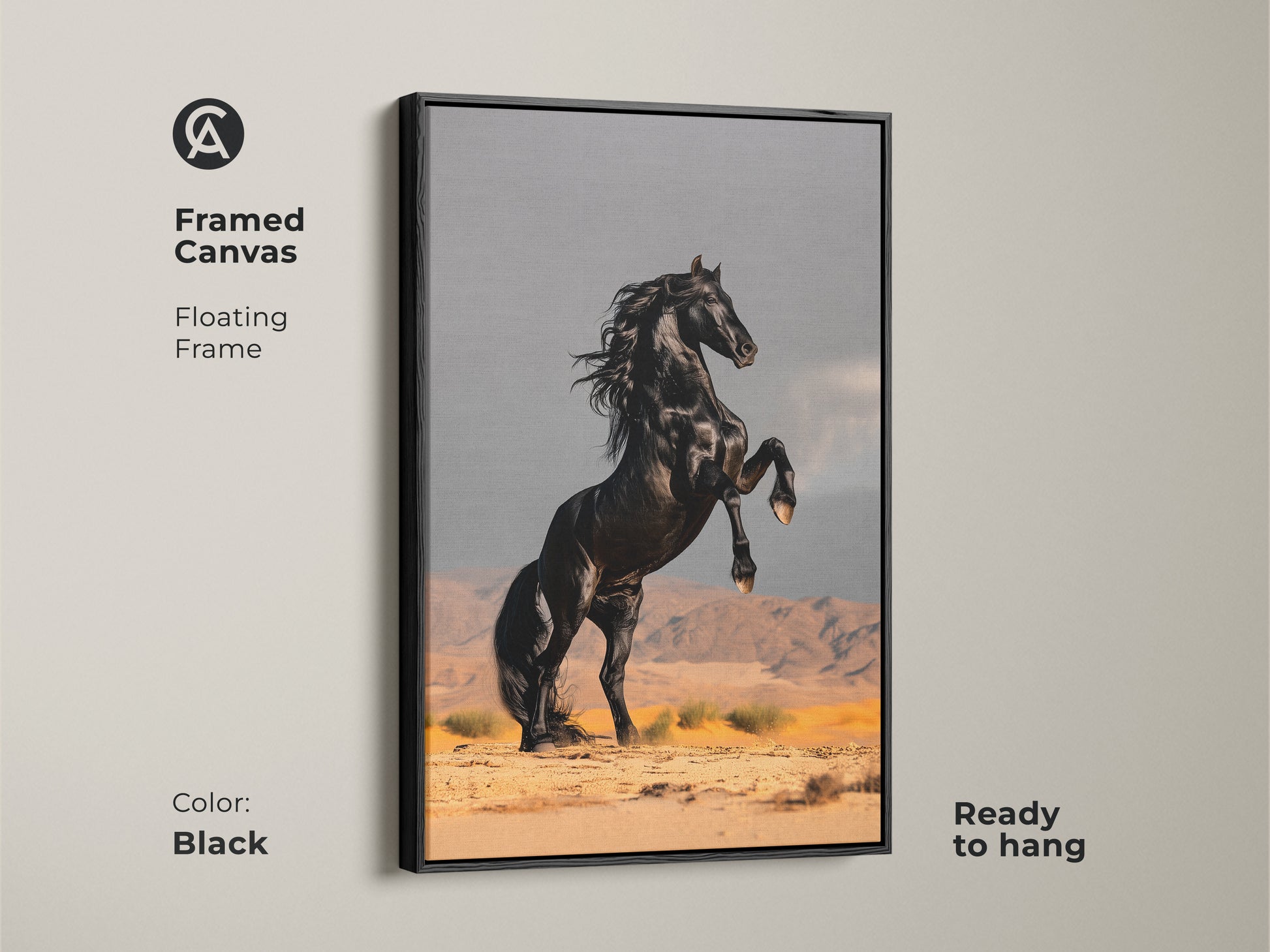 Framed canvas of a black stallion rearing in a desert. Floating frame in black color adds a modern touch. Ready to hang and embodies power. A standout piece for home decor or a thoughtful gift for equestrian theme enthusiasts.