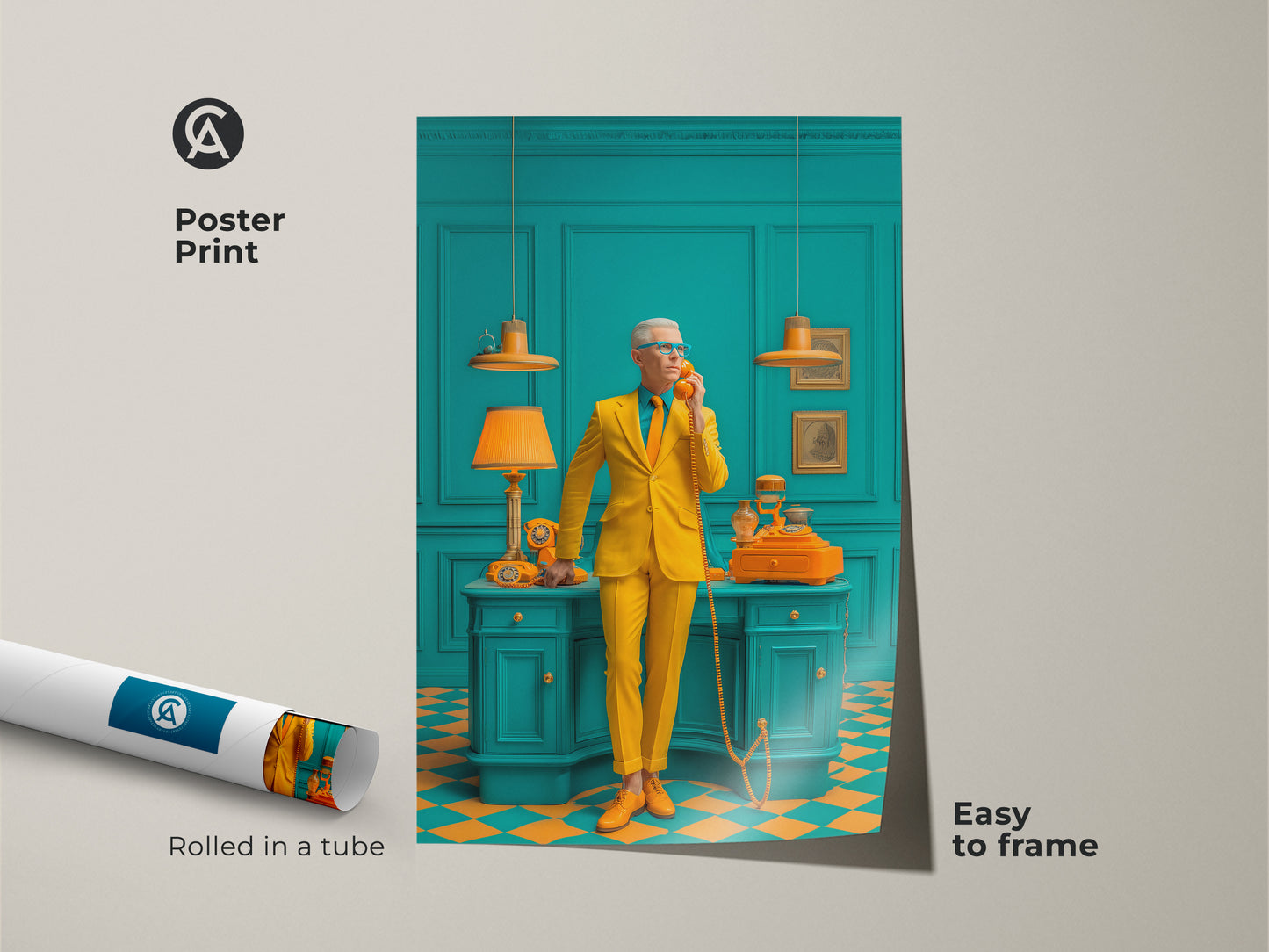 Poster print of a man in a yellow suit talking on a vintage phone. The artwork is easy to frame and rolled in a tube for protection. The teal room adds a touch of retro charm. This museum-quality paper print is perfect for adding art to any space