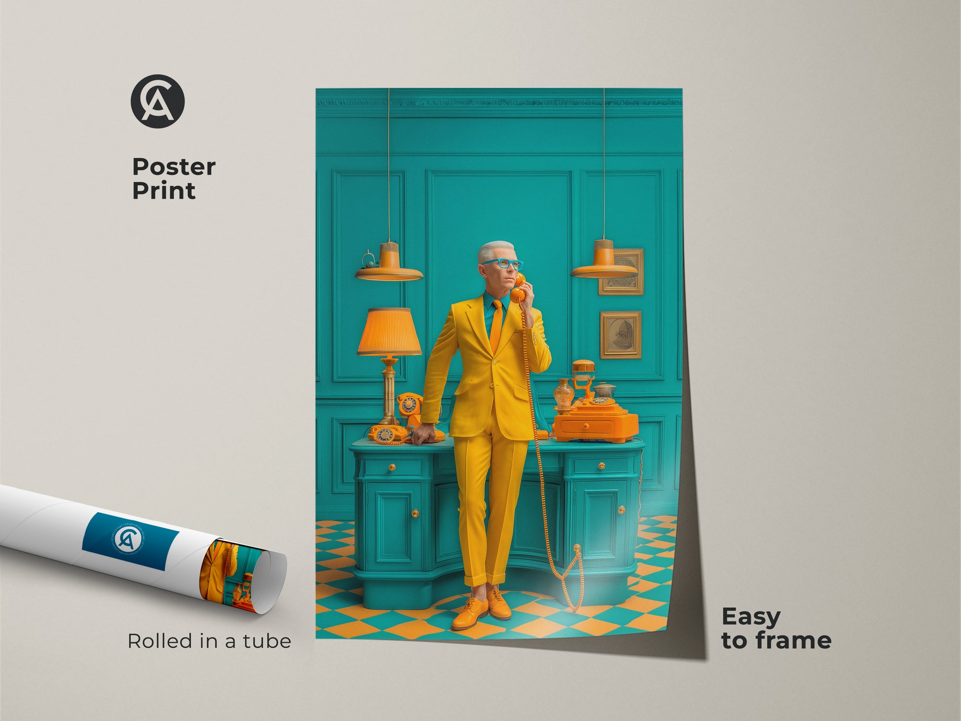 Poster print of a man in a yellow suit talking on a vintage phone. The artwork is easy to frame and rolled in a tube for protection. The teal room adds a touch of retro charm. This museum-quality paper print is perfect for adding art to any space