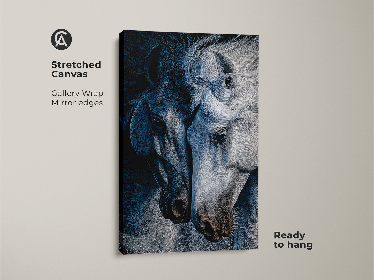 Stretched canvas featuring indigo horse line art. This contemporary horse print with mirror edges is ready to hang. The animal line art wall decor has a sophisticated monochrome style. Ideal as bedroom horse decor. This blue gray art print serves as a captivating focal point. Perfect for horse enthusiasts or as a housewarming present.