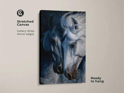 Stretched canvas featuring indigo horse line art. This contemporary horse print with mirror edges is ready to hang. The animal line art wall decor has a sophisticated monochrome style. Ideal as bedroom horse decor. This blue gray art print serves as a captivating focal point. Perfect for horse enthusiasts or as a housewarming present.