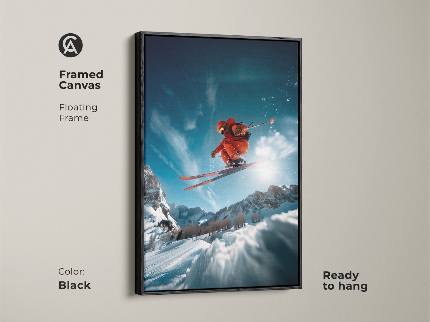 Framed canvas artwork featuring a skier jumping. The floating frame is black and adds a touch of elegance. This ready-to-hang piece brings the excitement of winter sports. The high-quality print captures every detail of the action art.