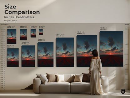 Compare the sizes of our poppy field sunset canvas prints in inches and centimeters. See how each size fits into your living space. From 8x12 to 45x67 inches find the perfect scale for this scenic sunset artwork. Transform your home with this contemporary landscape.