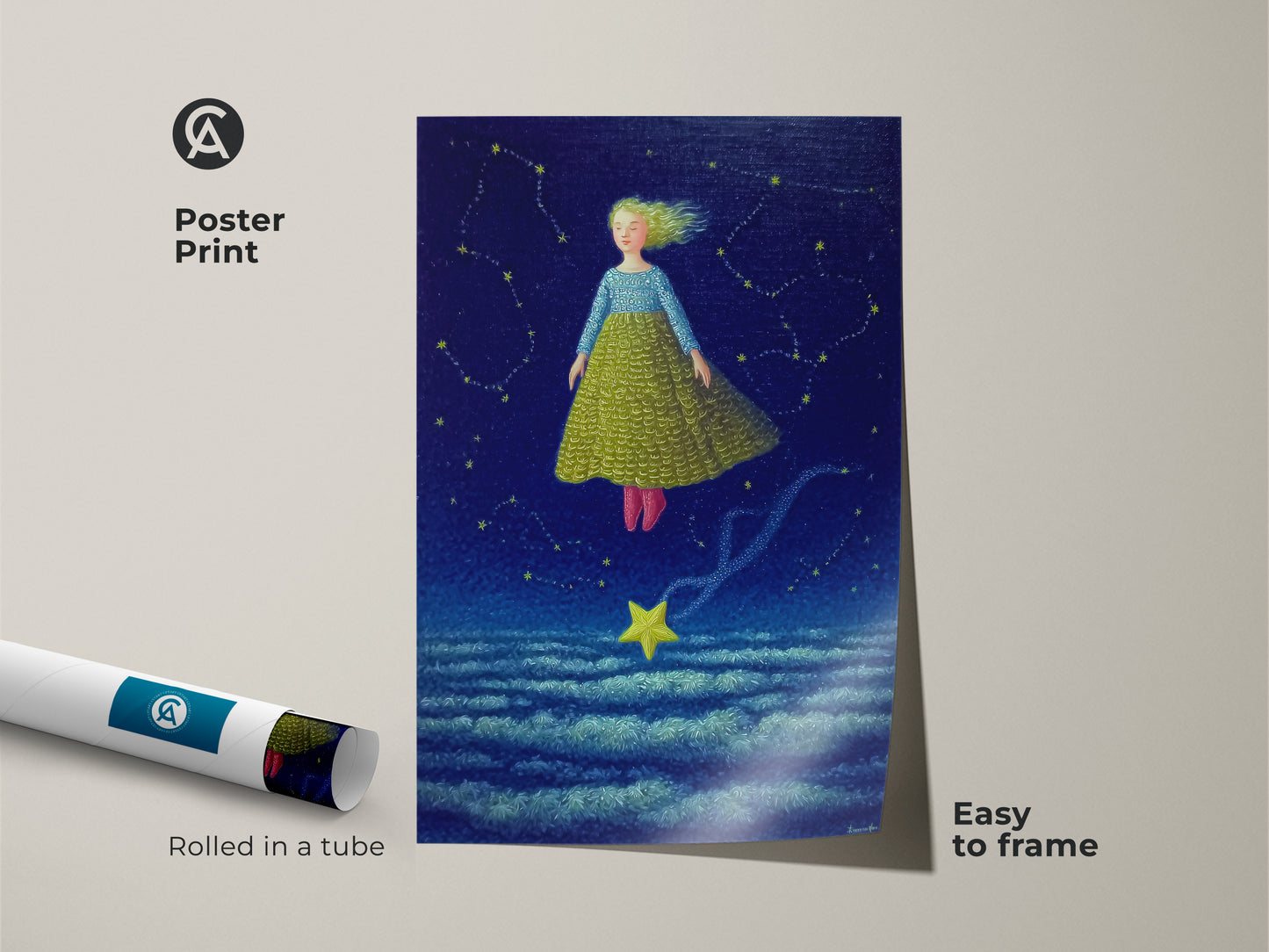 The celestial girl art print is showcased as a poster print rolled in a tube. This fantasy art is easy to frame and adds a whimsical touch to any space. The dreamscape wall decor features a girl flying in a dark blue starry sky. It is ideal for a boho kids room or nursery.
