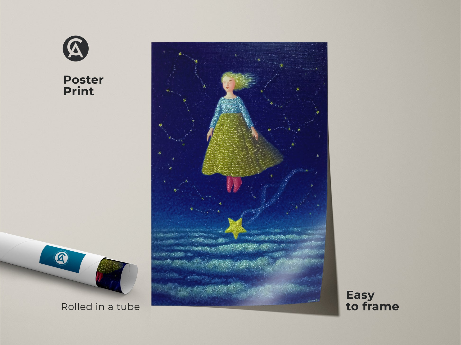 The celestial girl art print is showcased as a poster print rolled in a tube. This fantasy art is easy to frame and adds a whimsical touch to any space. The dreamscape wall decor features a girl flying in a dark blue starry sky. It is ideal for a boho kids room or nursery.