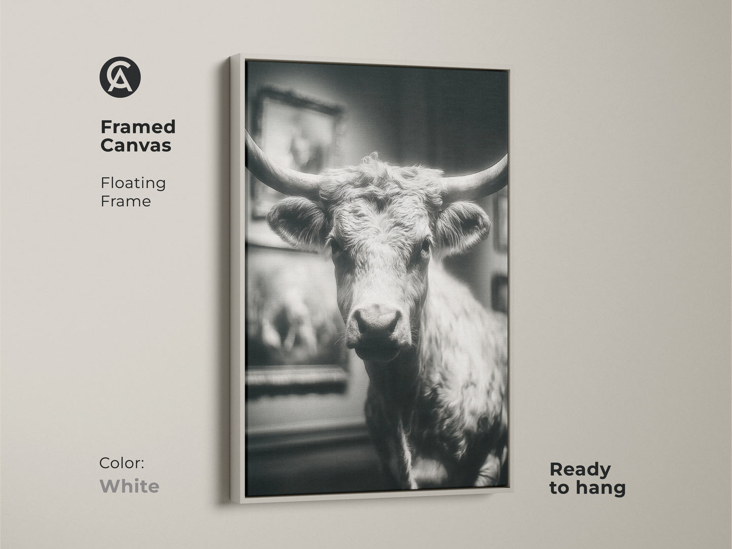 White framed canvas featuring a black and white Texas Longhorn bull. This ready-to-hang artwork features a floating frame. A modern piece of animal art. Enhance your home with this framed canvas bringing a touch of nature indoors.