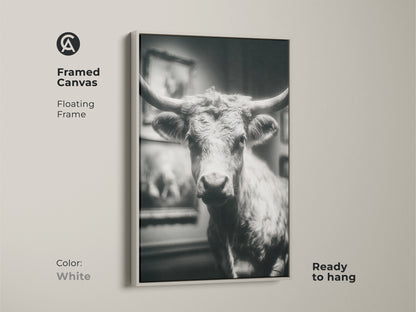 White framed canvas featuring a black and white Texas Longhorn bull. This ready-to-hang artwork features a floating frame. A modern piece of animal art. Enhance your home with this framed canvas bringing a touch of nature indoors.