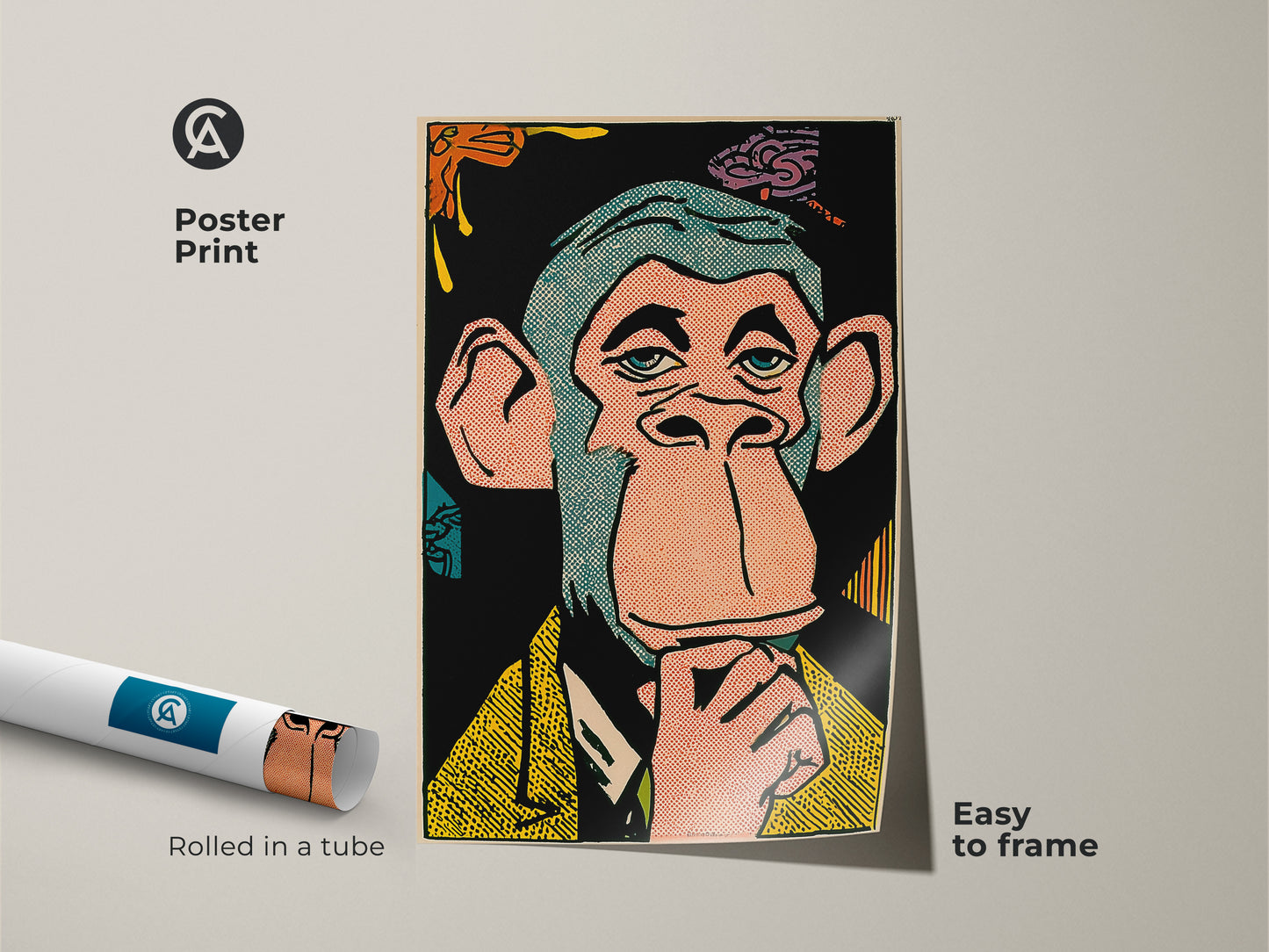 A poster print of a Bored Ape NFT artwork. The artwork comes rolled in a tube making it easy to frame. This eye-catching art is ideal for collectors. A modern art piece with a classic feel.