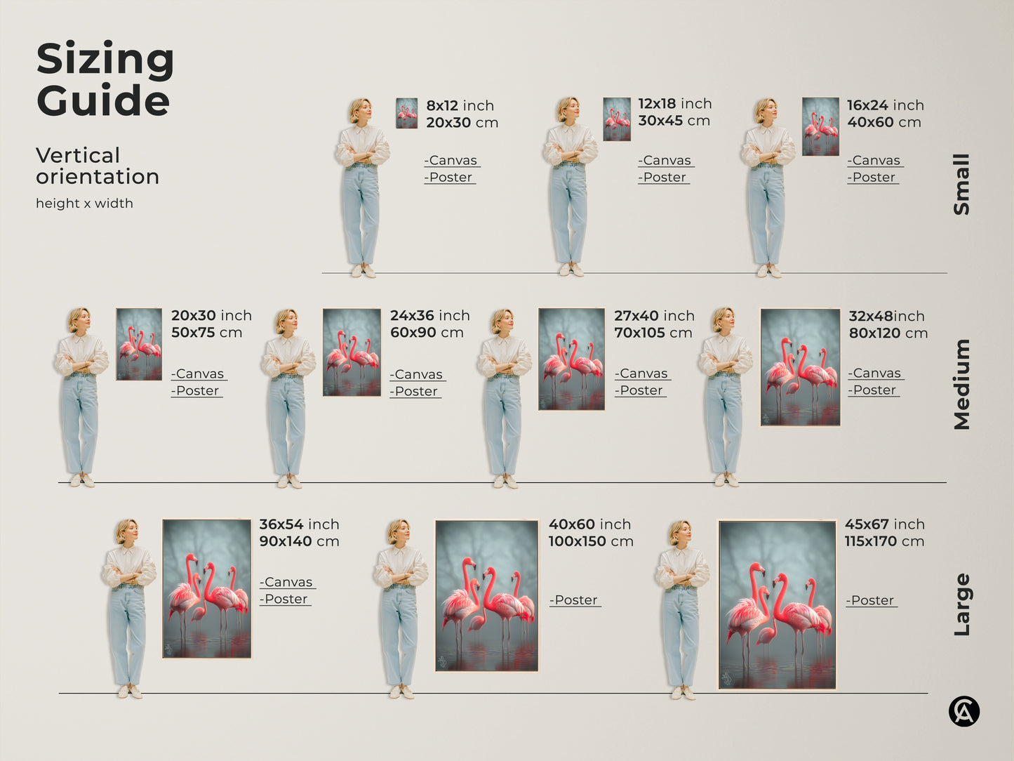 Sizing guide for vertical flamingo artwork. Find the perfect fit with small medium and large options. Choose from canvas or poster prints in various sizes. Visualize the artwork in 8x12 to 45x67 inch dimensions. Ideal for coastal nature inspired home decor for bird and art lovers.