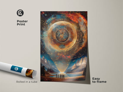 Abstract cosmic wall art featuring a sci-fi sphere print available as a poster. This futuristic mountain canvas is easy to frame. Gold teal landscape art is rolled in a tube. Its surreal visuals enhance office decor. Perfect for space exploration art lovers and those seeking modern study wall artwork.