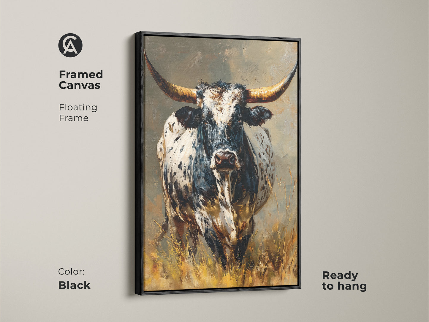 Framed canvas featuring Longhorn Bull art. The black floating frame enhances the black and white animal artwork. It's ready to hang. This rustic western wall decor suits any room. Perfect for farmhouse homes. It brings a cowboy touch. An ideal gift for wildlife and western art collectors. The textured animal artwork is a standout piece.