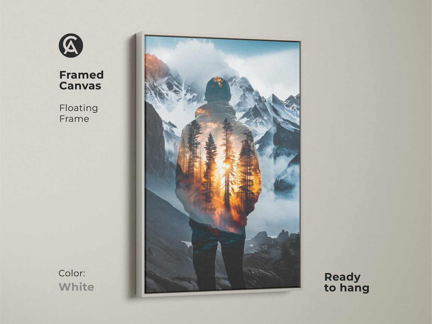 Framed canvas featuring double exposure artwork. A white frame enhances the mountain forest landscape canvas print. This modern nature wall art is ready to hang. It is a scenic landscape canvas great for travel inspired art.