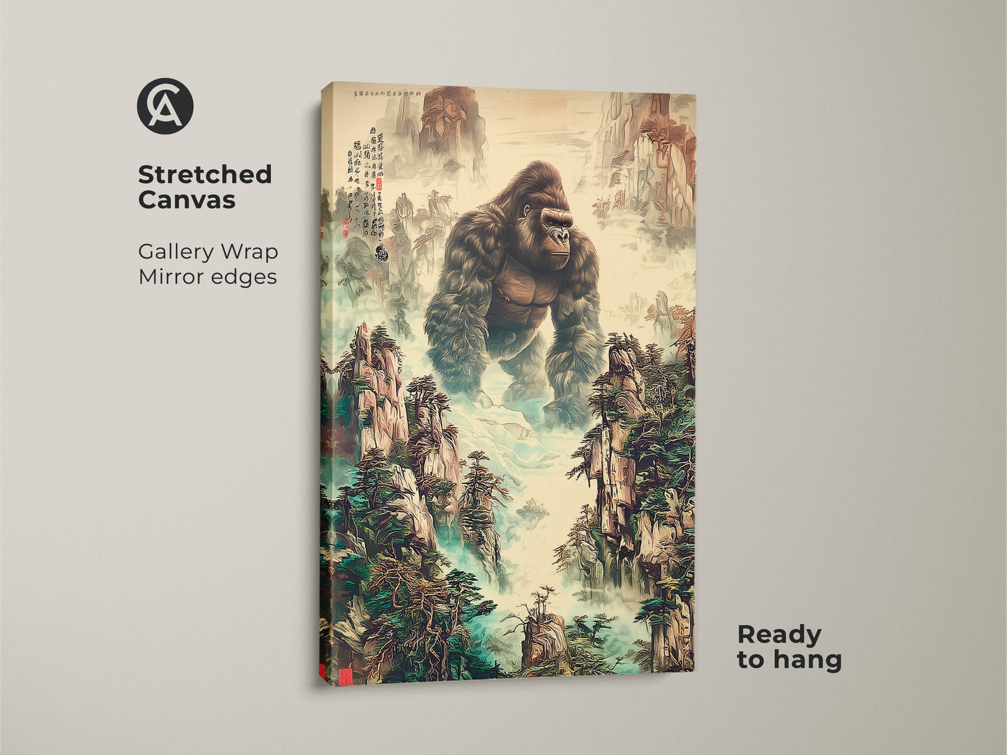 This is a stretched canvas gallery wrap print. It features a gorilla in a misty mountain landscape. The traditional Chinese art is ready to hang. The ink wash painting print displays earth tones and deep greens. It is a unique animal artwork. This wildlife gift is perfect for eclectic home decor.