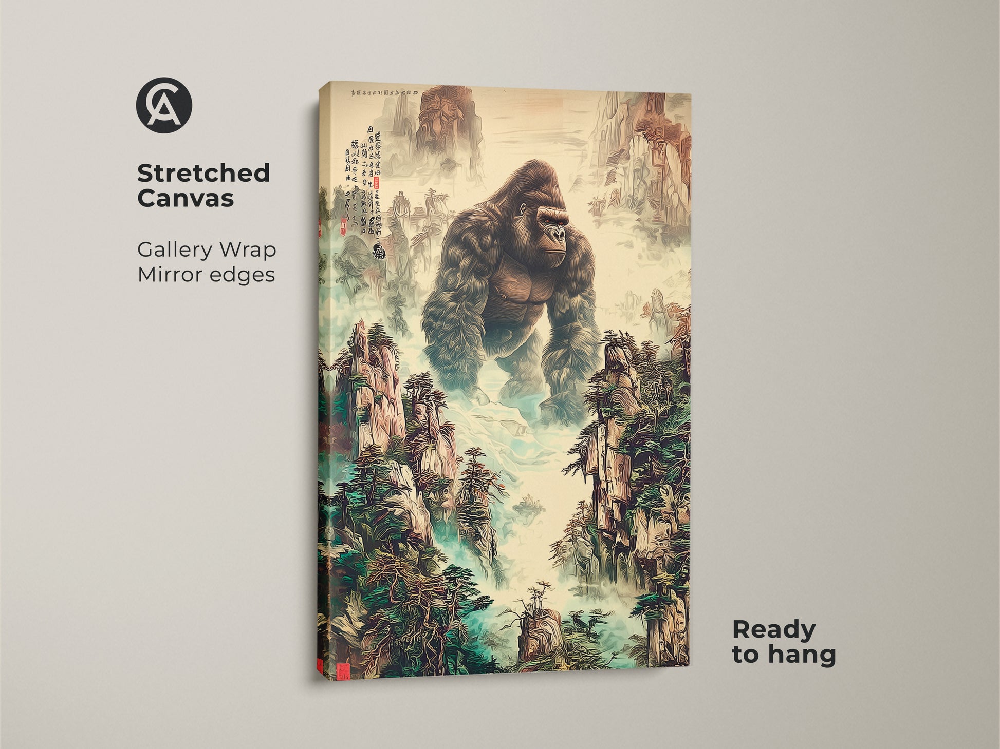 This is a stretched canvas gallery wrap print. It features a gorilla in a misty mountain landscape. The traditional Chinese art is ready to hang. The ink wash painting print displays earth tones and deep greens. It is a unique animal artwork. This wildlife gift is perfect for eclectic home decor.