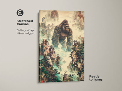 This is a stretched canvas gallery wrap print. It features a gorilla in a misty mountain landscape. The traditional Chinese art is ready to hang. The ink wash painting print displays earth tones and deep greens. It is a unique animal artwork. This wildlife gift is perfect for eclectic home decor.