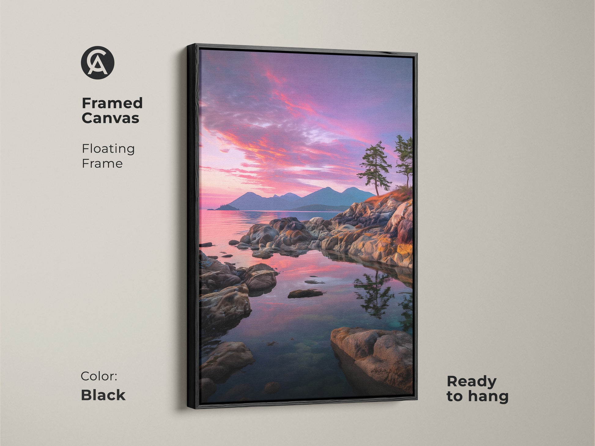 Framed canvas showcasing a coastal sunset ocean view. The black floating frame enhances the pink purple sky art. This rocky coastline wall art with pine trees is ready to hang. Ideal for adding a touch of nature to your bedroom or living room.