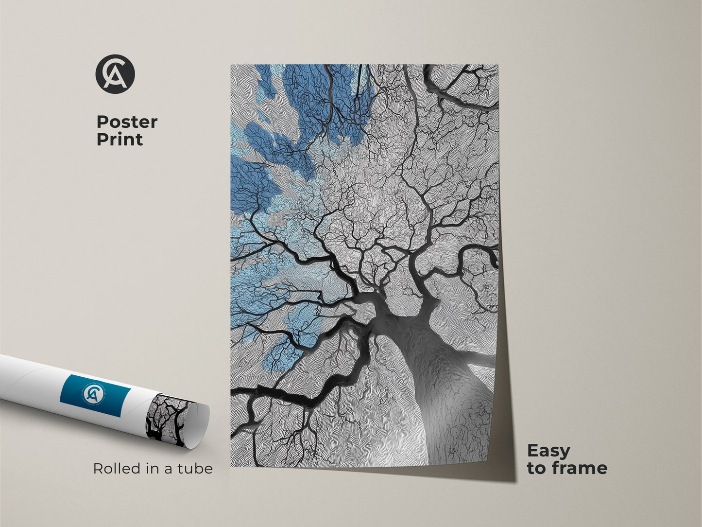 Poster print of an abstract oak tree art. This blue sky branches canvas is rolled in a tube for easy framing. The modern line art tree style fits perfectly in any contemporary space. Bring nature indoors with this artistic print. It’s an ideal housewarming gift or a unique addition to your art collection.