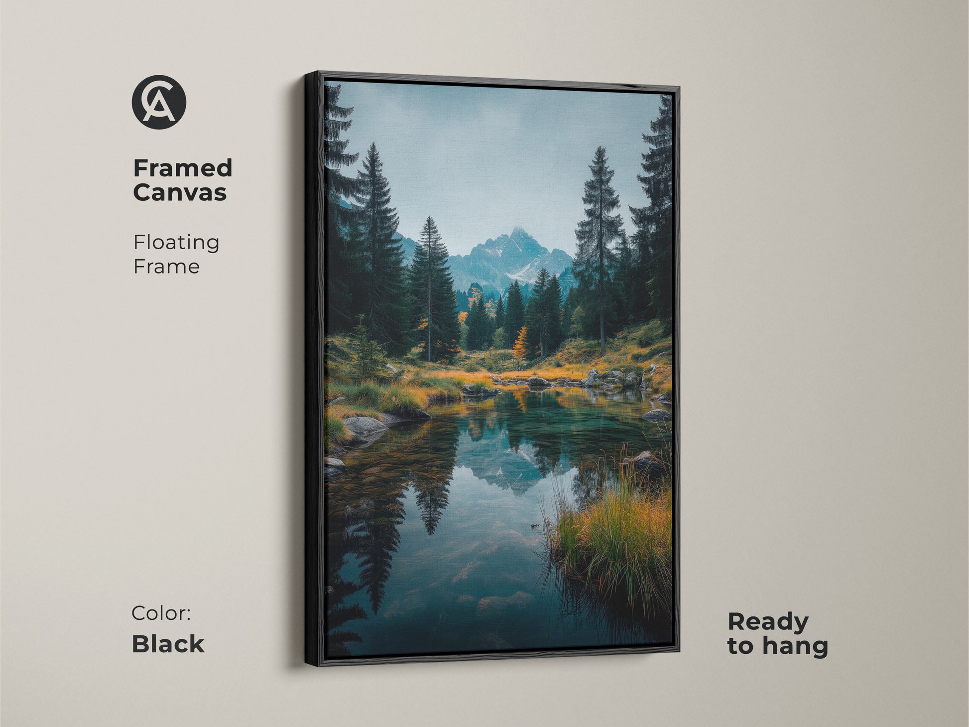 Black framed canvas art. This floating frame enhances the mountain lake artwork. Ready to hang this piece brings nature indoors. A sleek addition to any room. Buy this framed art for your space.