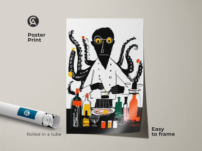 Poster print of an abstract octopus chef. This black white and yellow folk art is easy to frame. Rolled in a tube this kitchen wall art makes a unique housewarming gift.