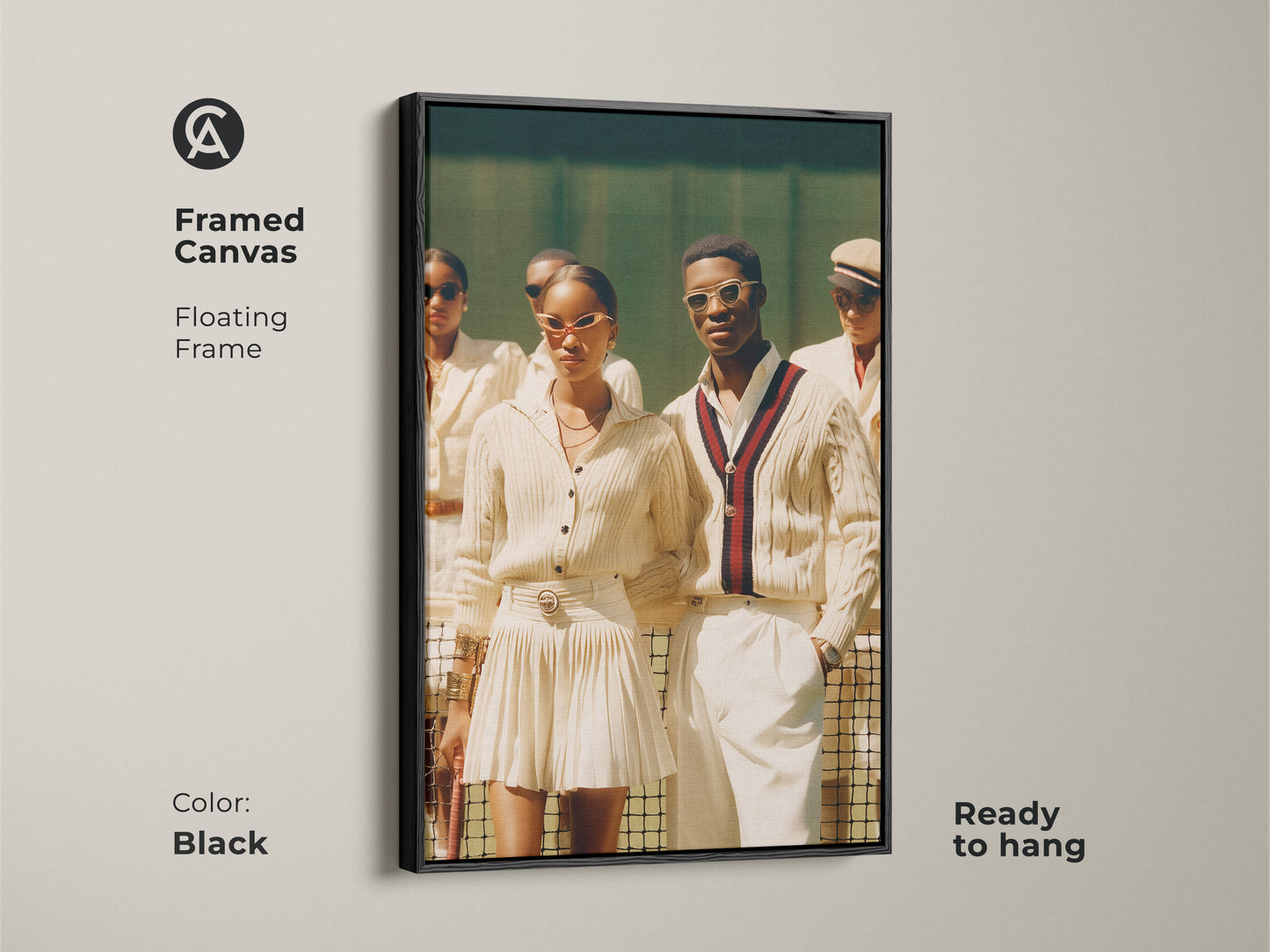 A framed canvas with a black floating frame. The artwork features a group in tennis attire ready to hang. A stylish couple stands out in sunglasses and preppy sweaters. It has a sophisticated sporty vibe.