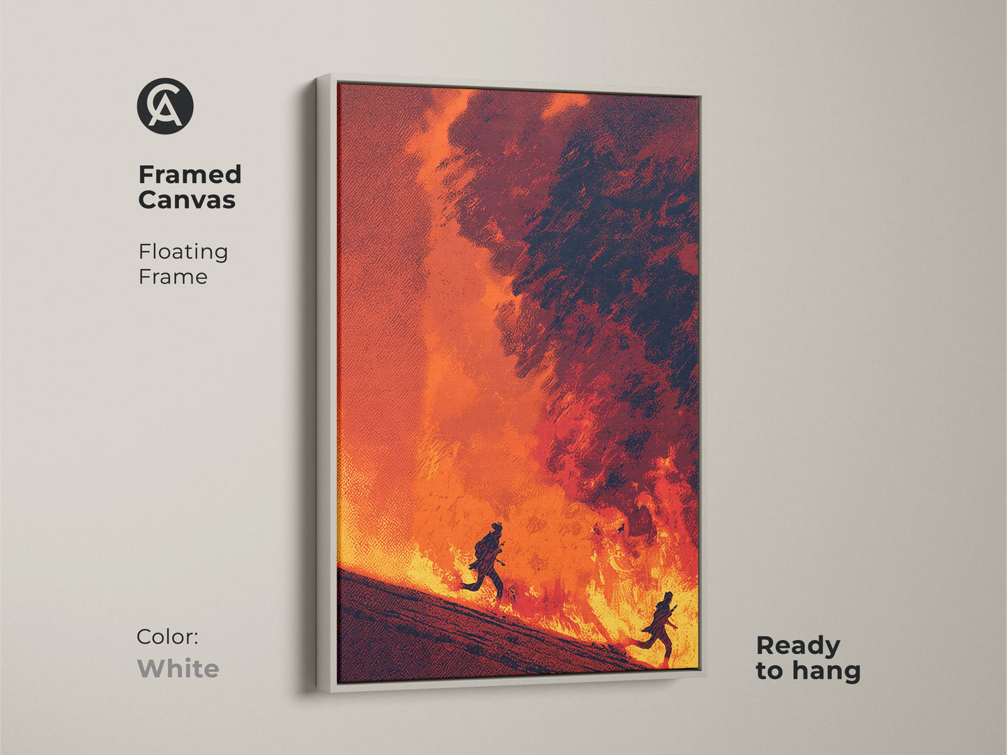 Framed canvas displaying abstract figurative artwork. A clean white floating frame complements the intense art. Figures run amidst fiery flames. Enhances any modern space with bold color.