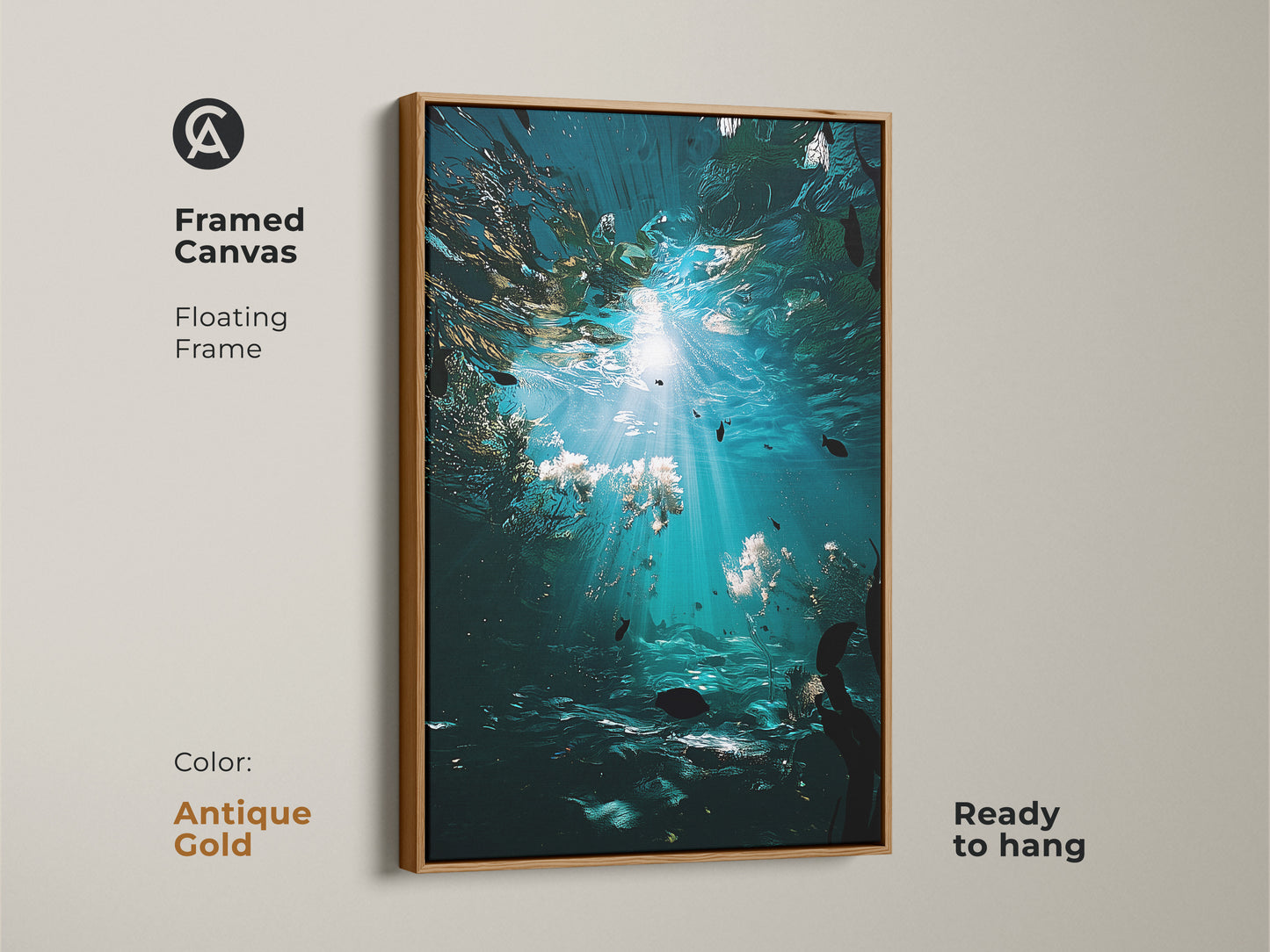 Framed canvas of coastal kelp artwork in an antique gold floating frame. This aquatic life wall art is ready to hang. It is a nature-inspired wall decor. Perfect for a housewarming gift.