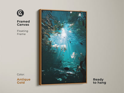 Framed canvas of coastal kelp artwork in an antique gold floating frame. This aquatic life wall art is ready to hang. It is a nature-inspired wall decor. Perfect for a housewarming gift.
